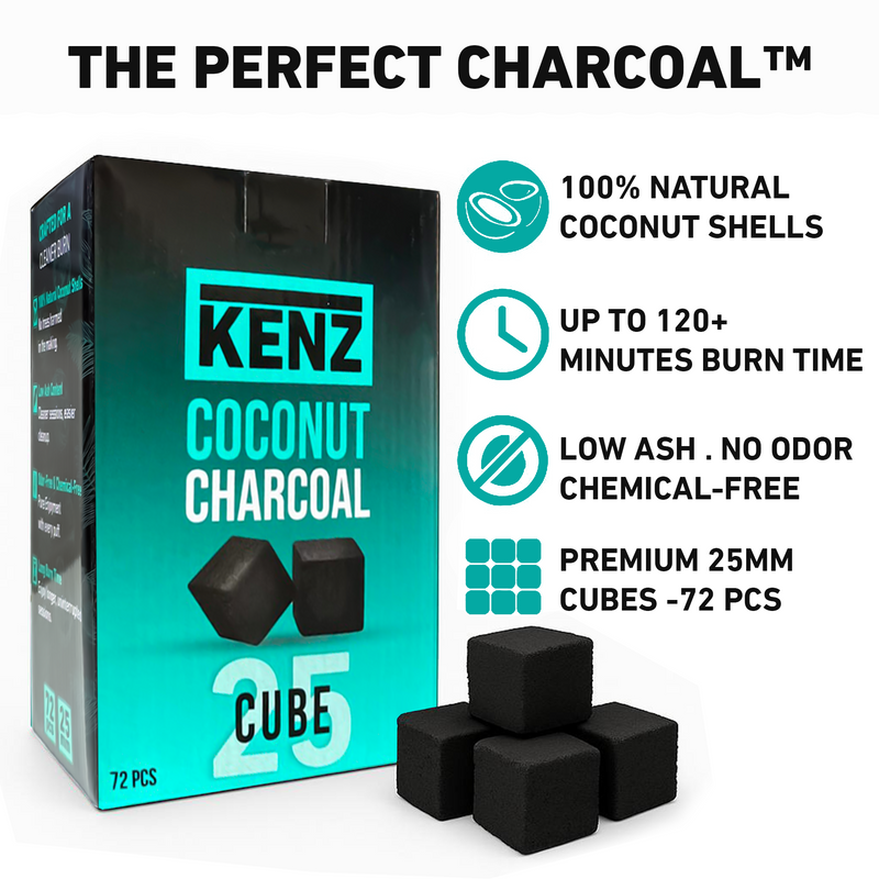 Close-up of natural 25mm coconut charcoal cube from KENZ